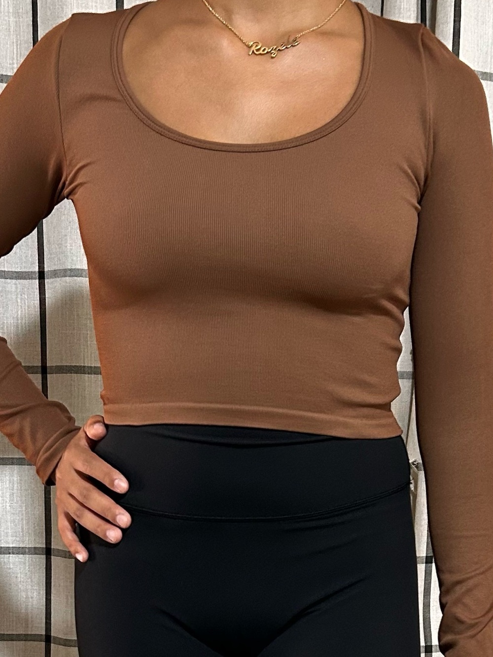 NEW OQQ Scoop-Neck Brown Long-Sleeve Crop Top SZ:S